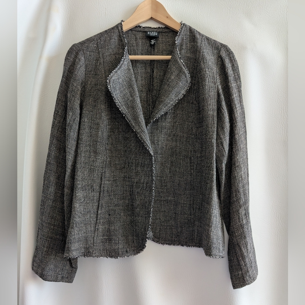 Eileen Fisher Linen Blend Black White Textured Tweed Open Front Jacket Petite S